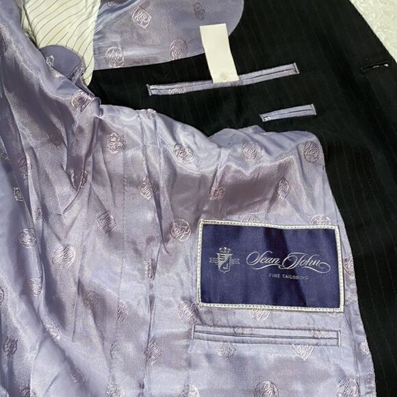 Sean john fine tailored mens 3 button blazer black pinstripe 44S sport coat wool - Picture 5 of 14